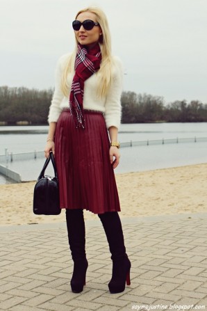 Pleated midi leather skirt